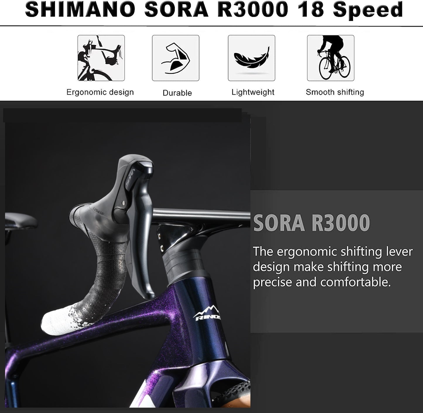 RINOS Bicicleta de estrada de carbono 700C Shimano SORA R3000 18 velocidades Odin1.0