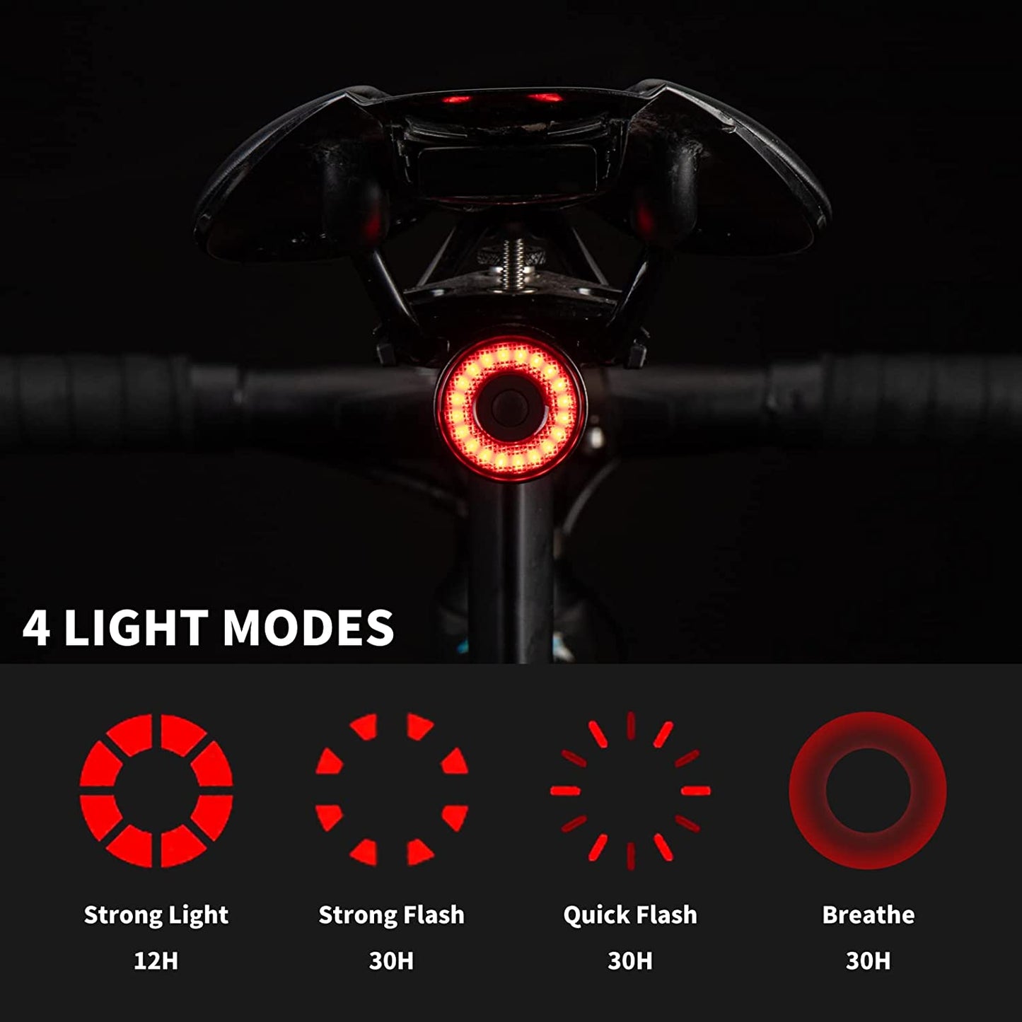 ROCKBROS Luz traseira de bicicleta inteligente recarregável 4 modos IPX6 à prova d'água