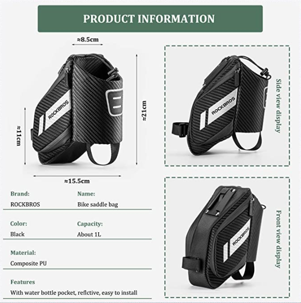 ROCKBROS Saco de selim de bicicleta C32 com porta-garrafa preto aprox. 1L