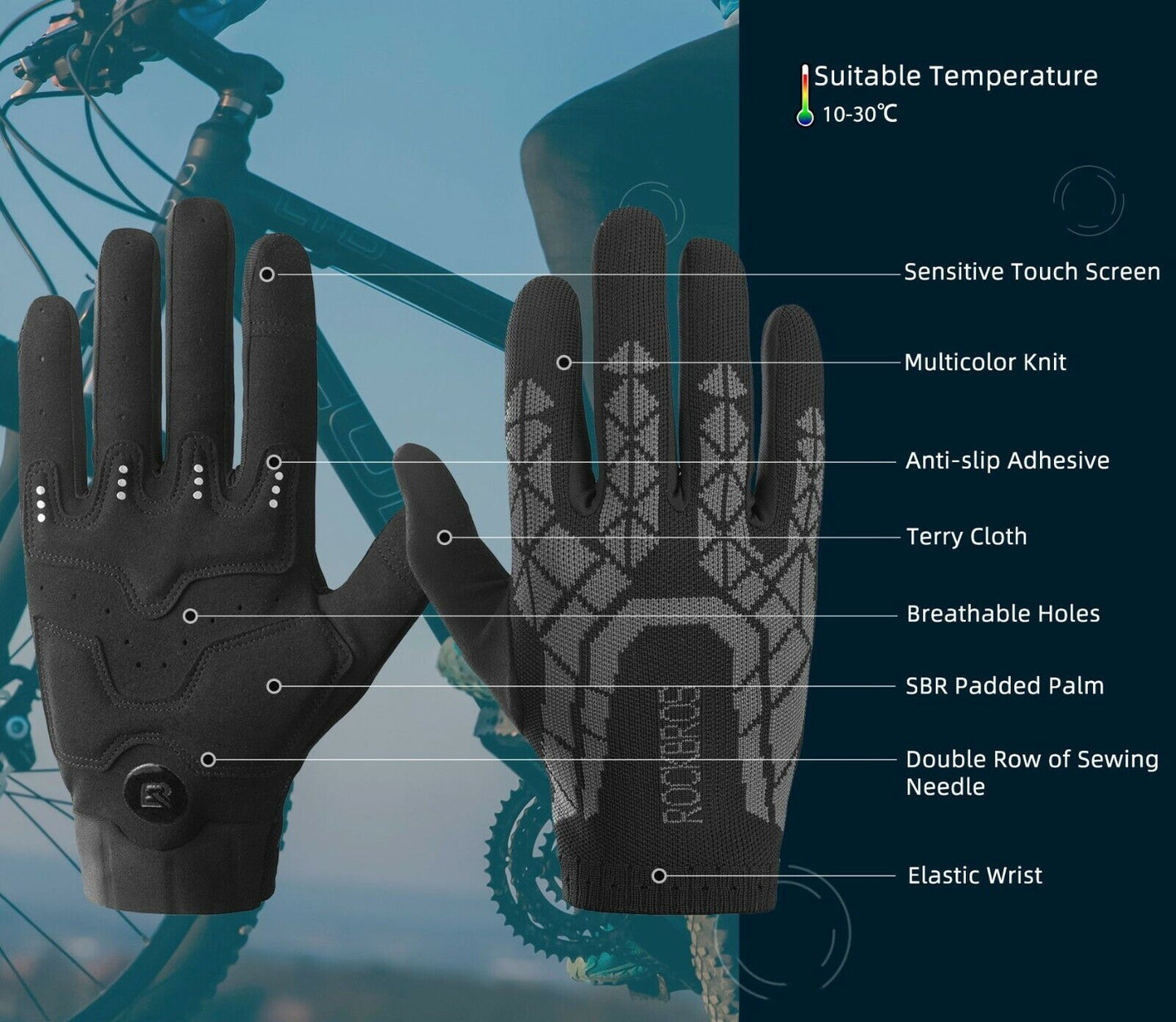 ROCKBROS S255 luvas de ciclismo outono tela sensível ao toque esportes ao ar livre M-2XL